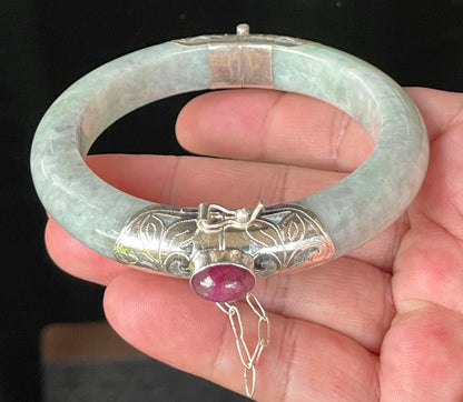 Natural Certified Burmese Jadeite Jade Bangle – Icy Grey & Milky White – Adjustable 92.5 Silver Clasp with Burma Ruby – 62mm – JB869