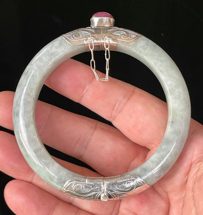 Natural Certified Burmese Jadeite Jade Bangle – Icy Grey & Milky White – Adjustable 92.5 Silver Clasp with Burma Ruby – 62mm – JB869