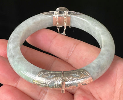 Natural Certified Burmese Jadeite Jade Bangle – Icy Grey & Milky White – Adjustable 92.5 Silver Clasp with Burma Ruby – 62mm – JB869