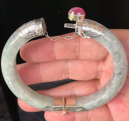 Natural Certified Burmese Jadeite Jade Bangle – Icy Grey & Milky White – Adjustable 92.5 Silver Clasp with Burma Ruby – 62mm – JB869