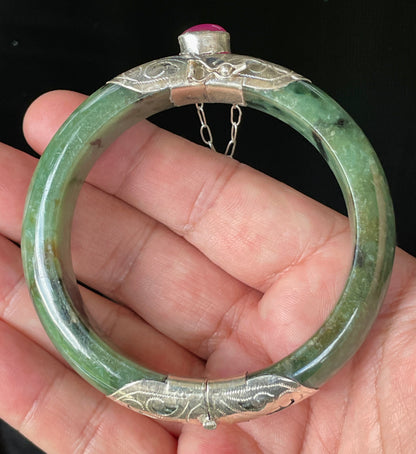 Natural Certified Burmese Jadeite Jade Bangle – Icy Forest Green – Adjustable Silver Clasp with Burmese Ruby – 58.8mm – JB870