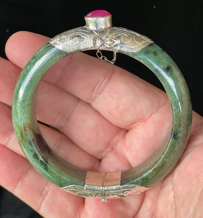 Natural Certified Burmese Jadeite Jade Bangle – Icy Forest Green – Adjustable Silver Clasp with Burmese Ruby – 58.8mm – JB870