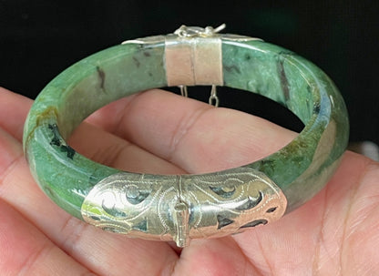 Natural Certified Burmese Jadeite Jade Bangle – Icy Forest Green – Adjustable Silver Clasp with Burmese Ruby – 58.8mm – JB870
