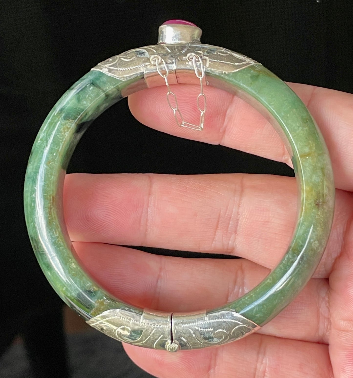 Natural Certified Burmese Jadeite Jade Bangle – Icy Forest Green – Adjustable Silver Clasp with Burmese Ruby – 58.8mm – JB870