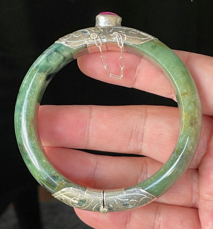 Natural Certified Burmese Jadeite Jade Bangle – Icy Forest Green – Adjustable Silver Clasp with Burmese Ruby – 58.8mm – JB870