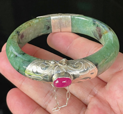 Natural Certified Burmese Jadeite Jade Bangle – Icy Forest Green – Adjustable Silver Clasp with Burmese Ruby – 58.8mm – JB870
