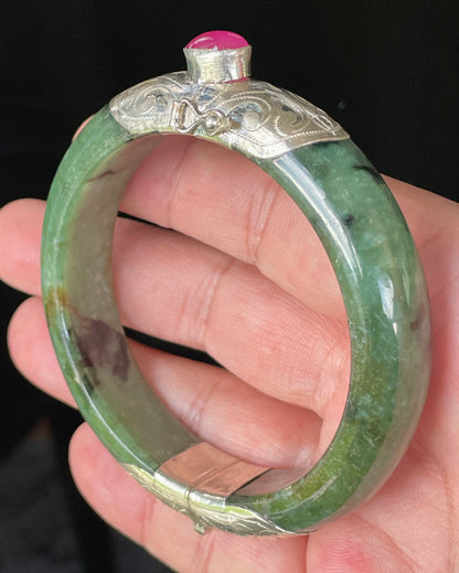 Natural Certified Burmese Jadeite Jade Bangle – Icy Forest Green – Adjustable Silver Clasp with Burmese Ruby – 58.8mm – JB870