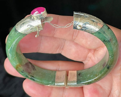 Natural Certified Burmese Jadeite Jade Bangle – Icy Forest Green – Adjustable Silver Clasp with Burmese Ruby – 58.8mm – JB870