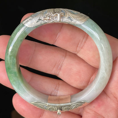 Natural Certified Burmese Jadeite Jade Bangle – Icy Apple & Blue – Adjustable Silver Clasp – 57.6mm – JB937