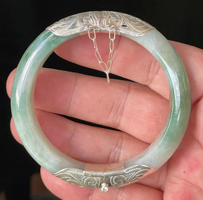 Natural Certified Burmese Jadeite Jade Bangle – Icy Apple & Blue – Adjustable Silver Clasp – 57.6mm – JB937