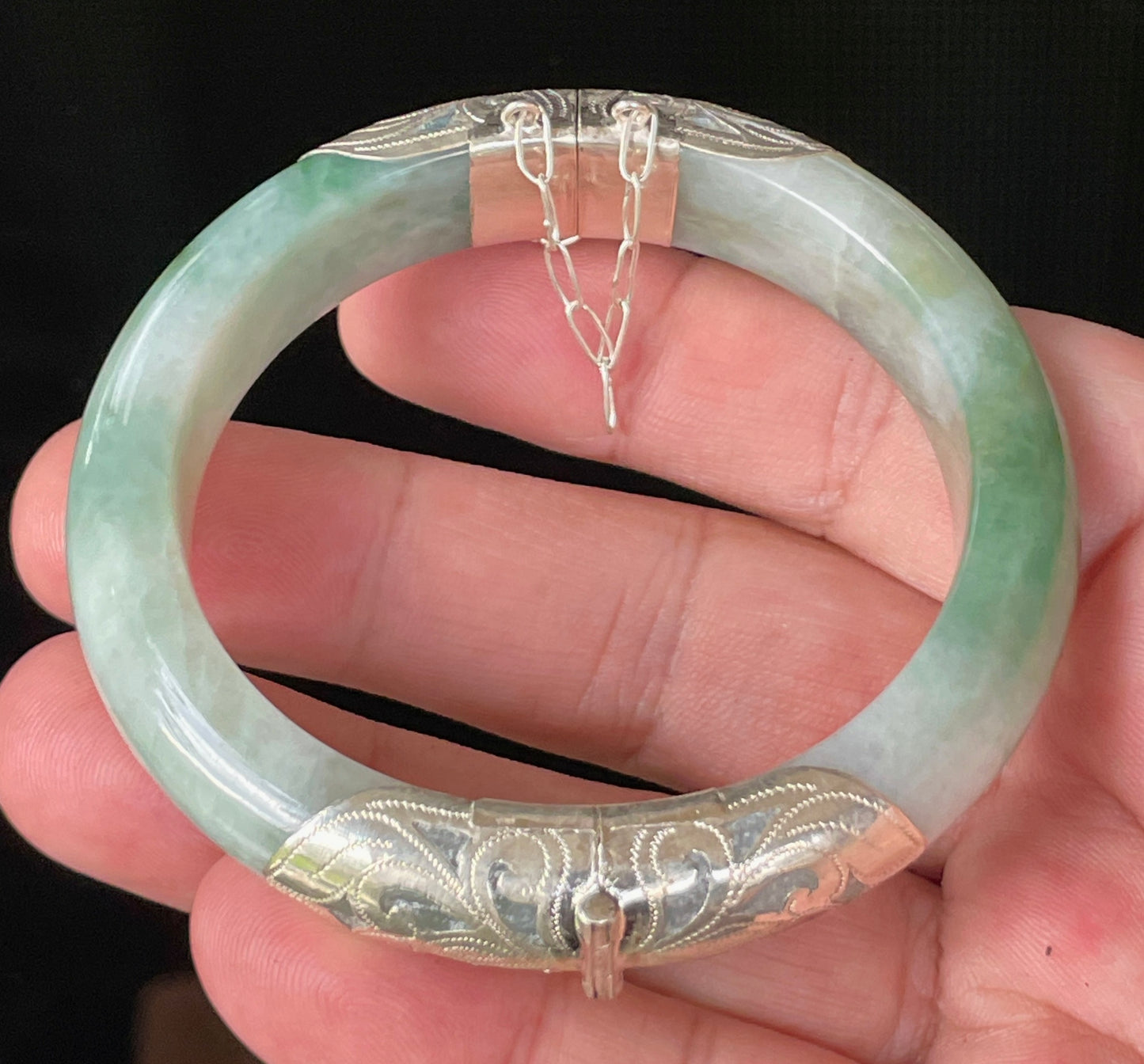 Natural Certified Burmese Jadeite Jade Bangle – Icy Apple & Blue – Adjustable Silver Clasp – 57.6mm – JB937