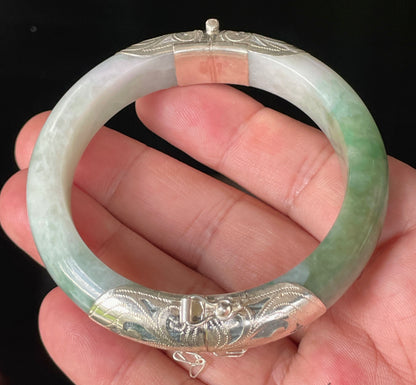 Natural Certified Burmese Jadeite Jade Bangle – Icy Apple & Blue – Adjustable Silver Clasp – 57.6mm – JB937