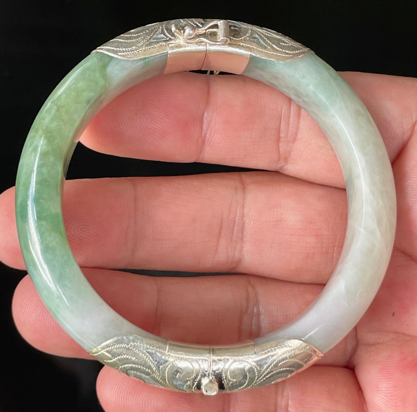 Natural Certified Burmese Jadeite Jade Bangle – Icy Apple & Blue – Adjustable Silver Clasp – 57.6mm – JB937