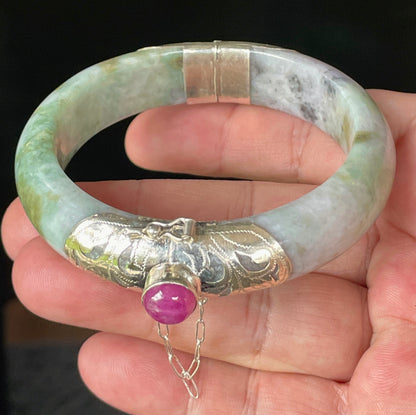 Natural Certified Burmese Jadeite Jade Bangle – Icy Apple & Imperial Green – Adjustable Silver Clasp with Burma Ruby – 59mm – JB868