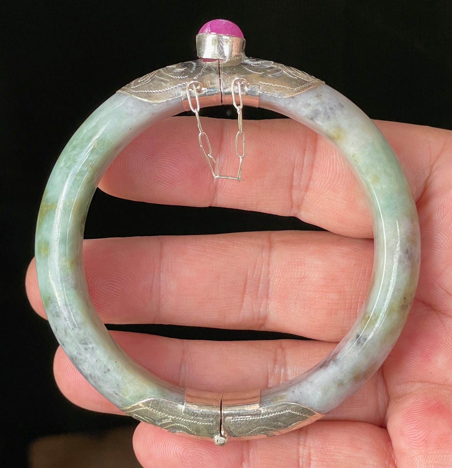 Natural Certified Burmese Jadeite Jade Bangle – Icy Apple & Imperial Green – Adjustable Silver Clasp with Burma Ruby – 59mm – JB868