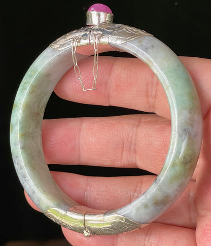 Natural Certified Burmese Jadeite Jade Bangle – Icy Apple & Imperial Green – Adjustable Silver Clasp with Burma Ruby – 59mm – JB868