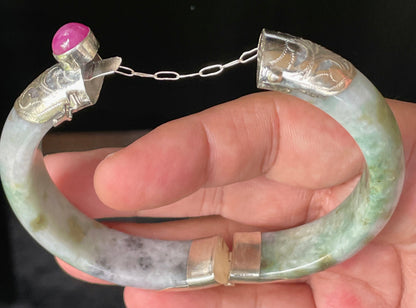 Natural Certified Burmese Jadeite Jade Bangle – Icy Apple & Imperial Green – Adjustable Silver Clasp with Burma Ruby – 59mm – JB868