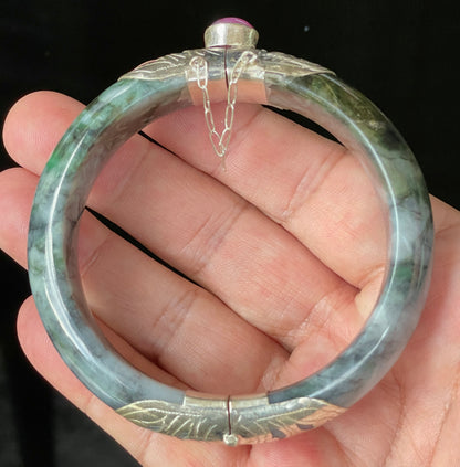 Natural Certified Burmese Jadeite Jade Bangle – Icy Black & Greyish Milky White – Adjustable Silver Clasp with Burma Ruby – 59.8mm – JB867