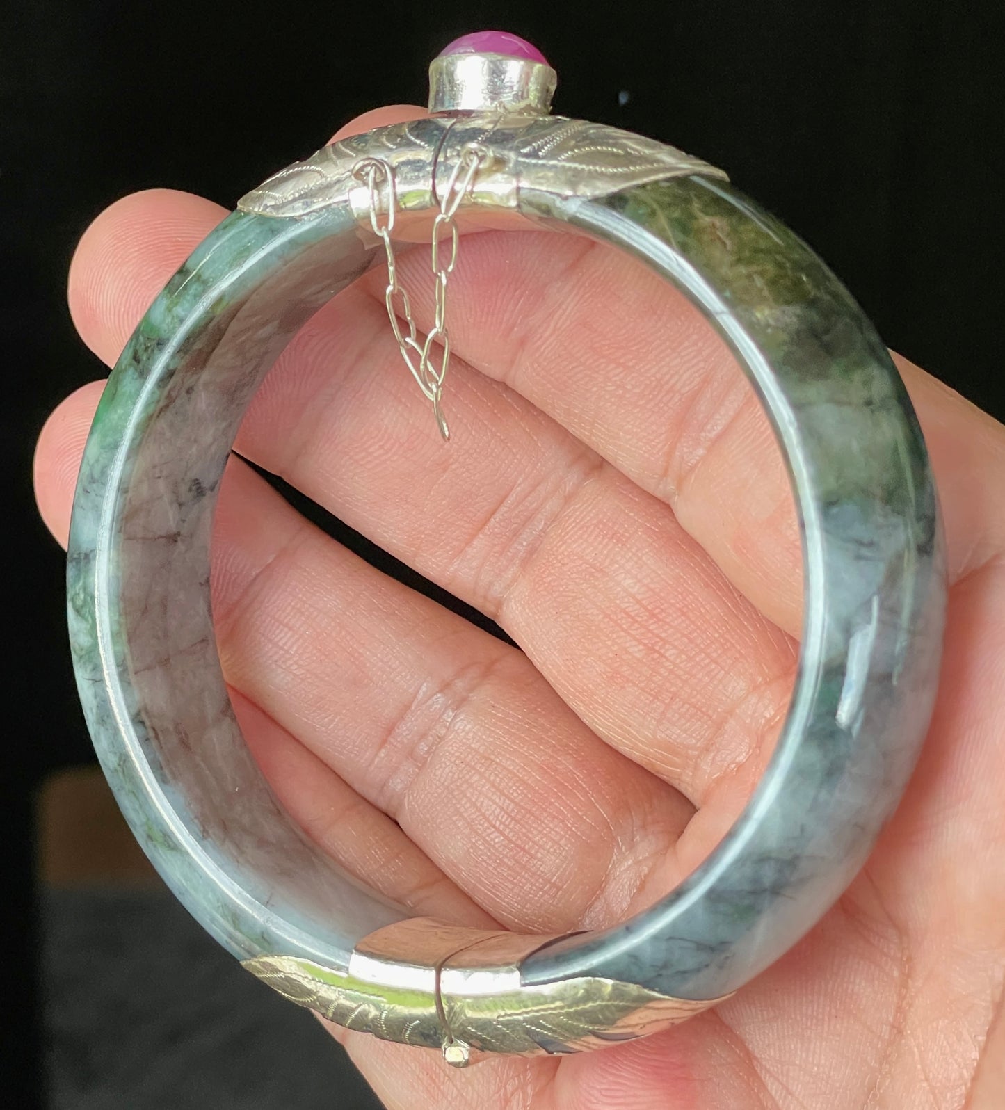 Natural Certified Burmese Jadeite Jade Bangle – Icy Black & Greyish Milky White – Adjustable Silver Clasp with Burma Ruby – 59.8mm – JB867