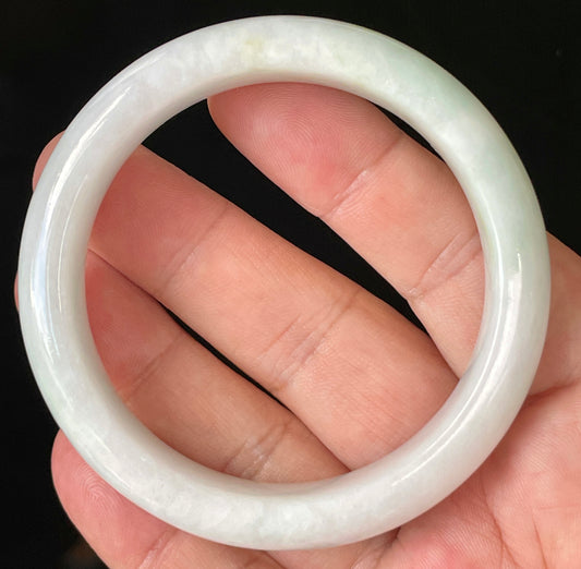 Natural Grade A Certified Burmese Jadeite Jade Bangle – Icy Milky White with Apple Green Hues – 57.5mm – JB921