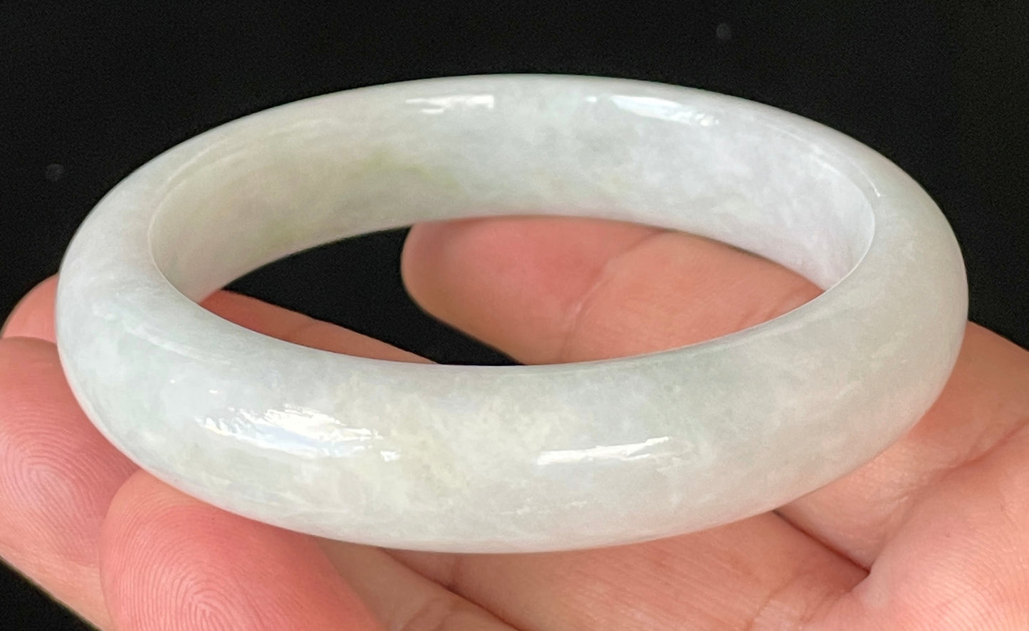 Natural Certified Burmese Jadeite Jade Bangle – Icy Milky White with Apple Green Hues – 57.5mm – JB921