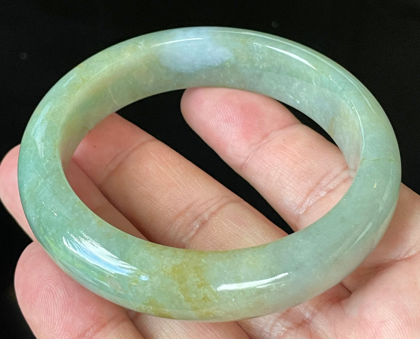 Natural Certified Burmese Jadeite Jade Bangle – Icy Apple Green with Milky White & Honey Hues – 57.5mm – JB907