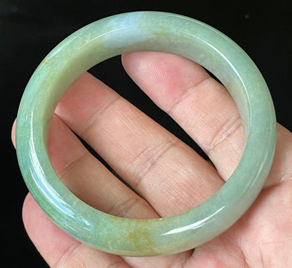 Natural Certified Burmese Jadeite Jade Bangle – Icy Apple Green with Milky White & Honey Hues – 57.5mm – JB907