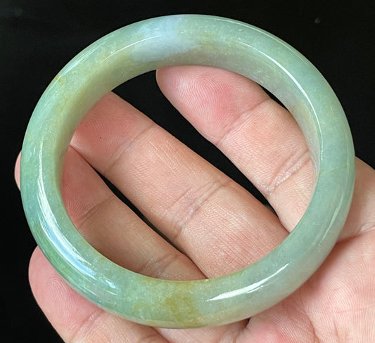 Natural Certified Burmese Jadeite Jade Bangle – Icy Apple Green with Milky White & Honey Hues – 57.5mm – JB907