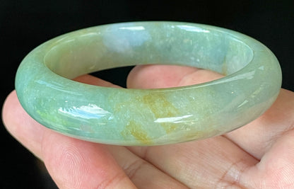 Natural Certified Burmese Jadeite Jade Bangle – Icy Apple Green with Milky White & Honey Hues – 57.5mm – JB907