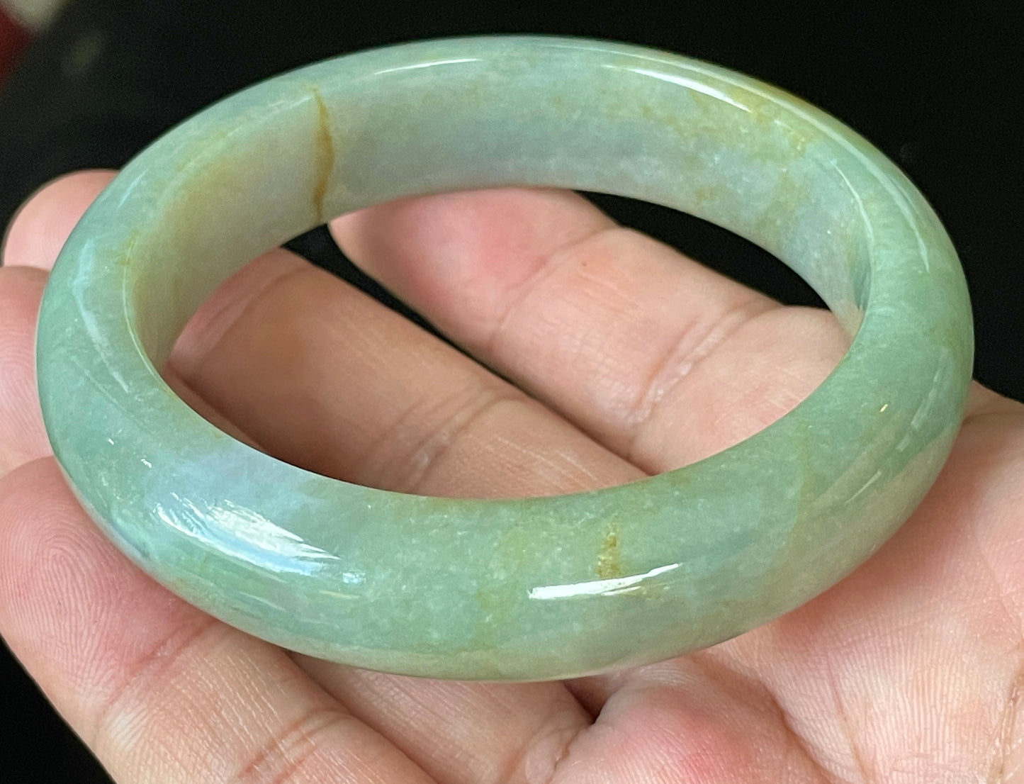 Natural Certified Burmese Jadeite Jade Bangle – Icy Apple Green with Milky White & Honey Hues – 57.5mm – JB907