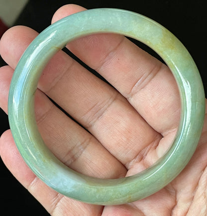 Natural Certified Burmese Jadeite Jade Bangle – Icy Apple Green with Milky White & Honey Hues – 57.5mm – JB907