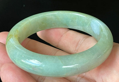 Natural Certified Burmese Jadeite Jade Bangle – Icy Apple Green with Milky White & Honey Hues – 57.5mm – JB907