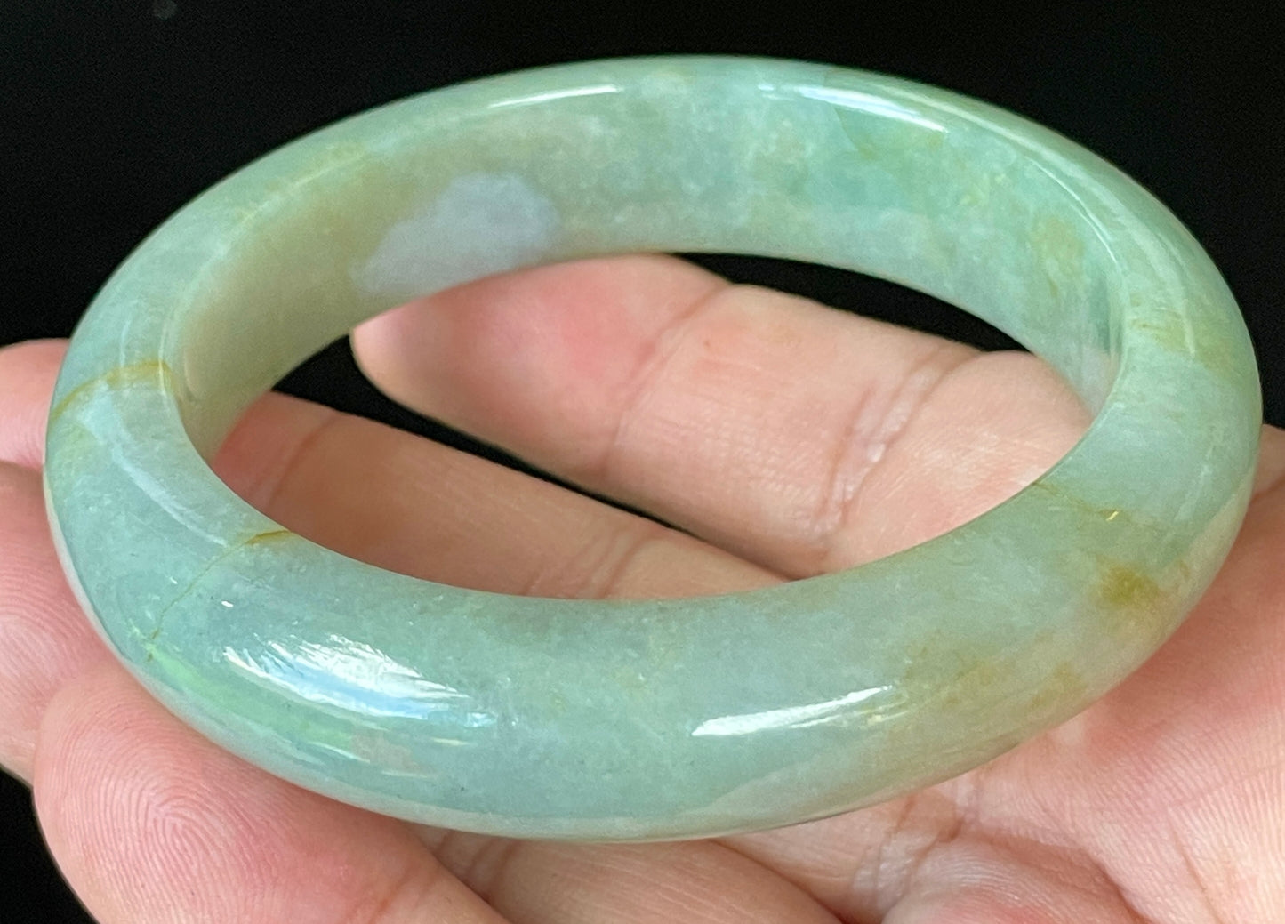 Natural Certified Burmese Jadeite Jade Bangle – Icy Apple Green with Milky White & Honey Hues – 57.5mm – JB907