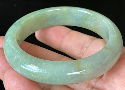 Natural Certified Burmese Jadeite Jade Bangle – Icy Apple Green with Milky White & Honey Hues – 57.5mm – JB907