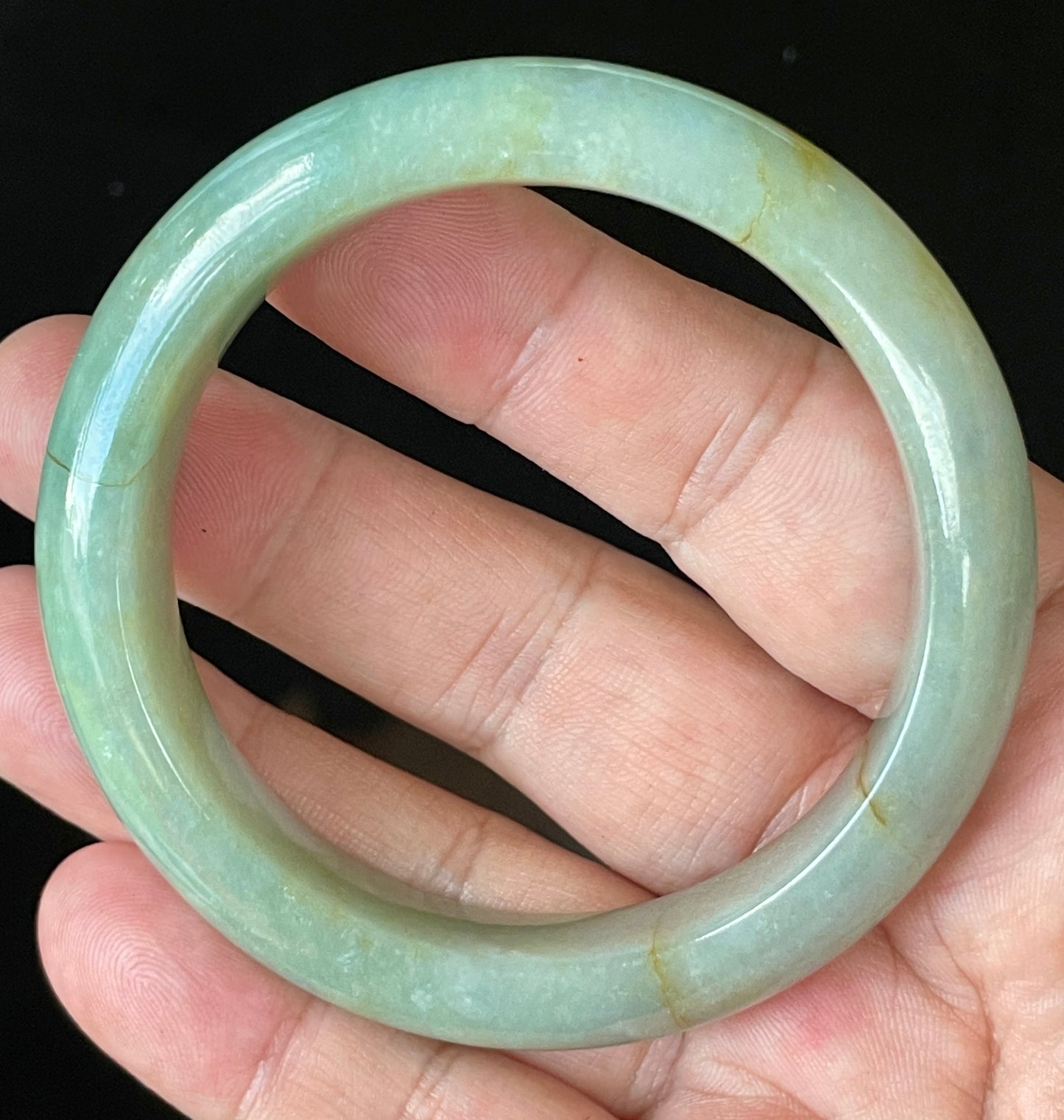Natural Certified Burmese Jadeite Jade Bangle – Icy Apple Green with Milky White & Honey Hues – 57.5mm – JB907