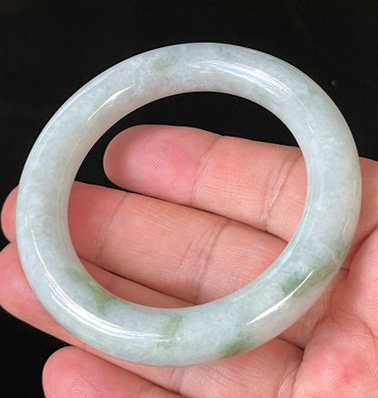 Natural Certified Burmese Jadeite Jade Bangle – Icy Milky White & Grey with Imperial & Apple Green Hues – Princess Cut – 52mm – JB913