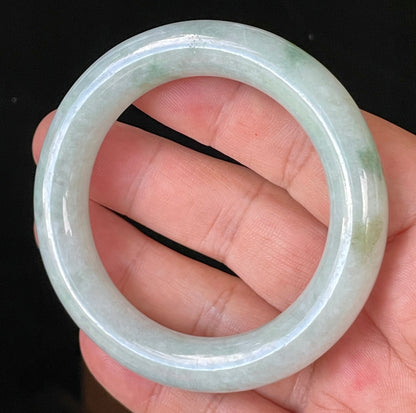 Natural Certified Burmese Jadeite Jade Bangle – Icy Milky White & Grey with Imperial & Apple Green Hues – Princess Cut – 52mm – JB913