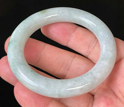 Natural Certified Burmese Jadeite Jade Bangle – Icy Milky White & Grey with Imperial & Apple Green Hues – Princess Cut – 52mm – JB913