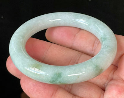 Natural Certified Burmese Jadeite Jade Bangle – Icy Milky White & Grey with Imperial & Apple Green Hues – Princess Cut – 52mm – JB913