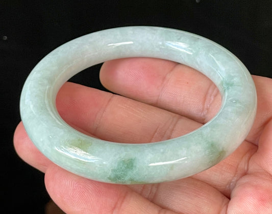 Natural Certified Burmese Jadeite Jade Bangle – Icy Milky White & Grey with Imperial & Apple Green Hues – Princess Cut – 52mm – JB913