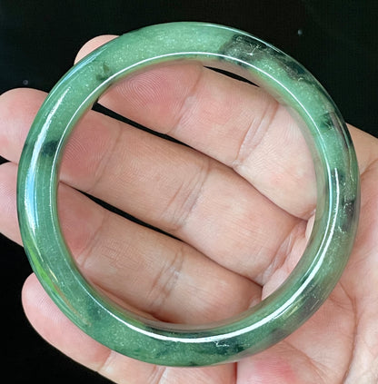 Natural Certified Burmese Jadeite Jade Bangle – Icy Apple Green with Black Floral Design & Natural Off-White Specks – 58mm – JB905