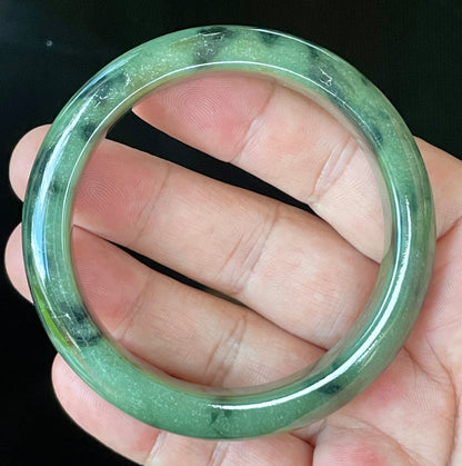 Natural Certified Burmese Jadeite Jade Bangle – Icy Apple Green with Black Floral Design & Natural Off-White Specks – 58mm – JB905