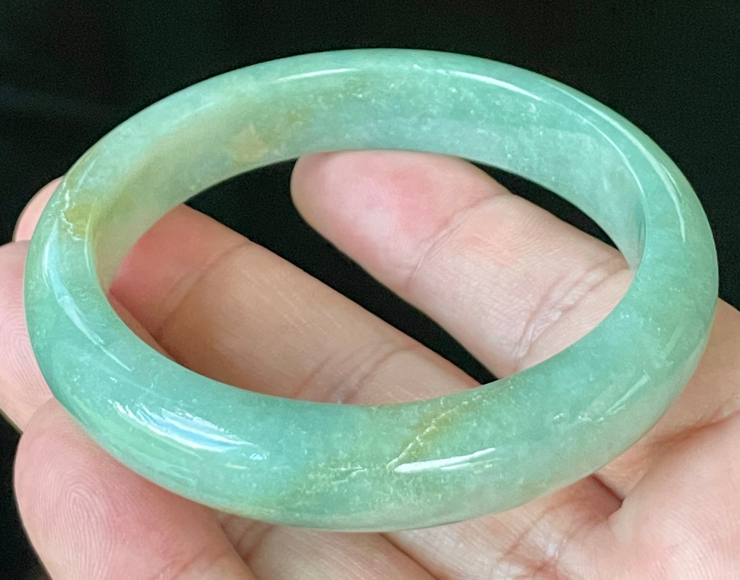 Natural Certified Burmese Jadeite Jade Bangle – Icy Apple Green with Milky White Hues & Honey Stone Lines – 58mm – JB917