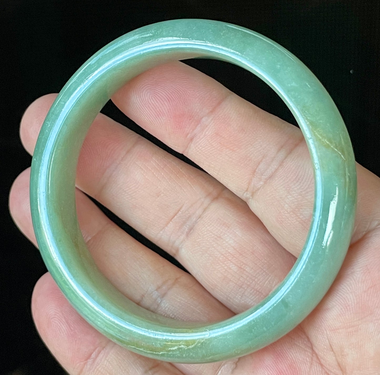 Natural Certified Burmese Jadeite Jade Bangle – Icy Apple Green with Milky White Hues & Honey Stone Lines – 58mm – JB917