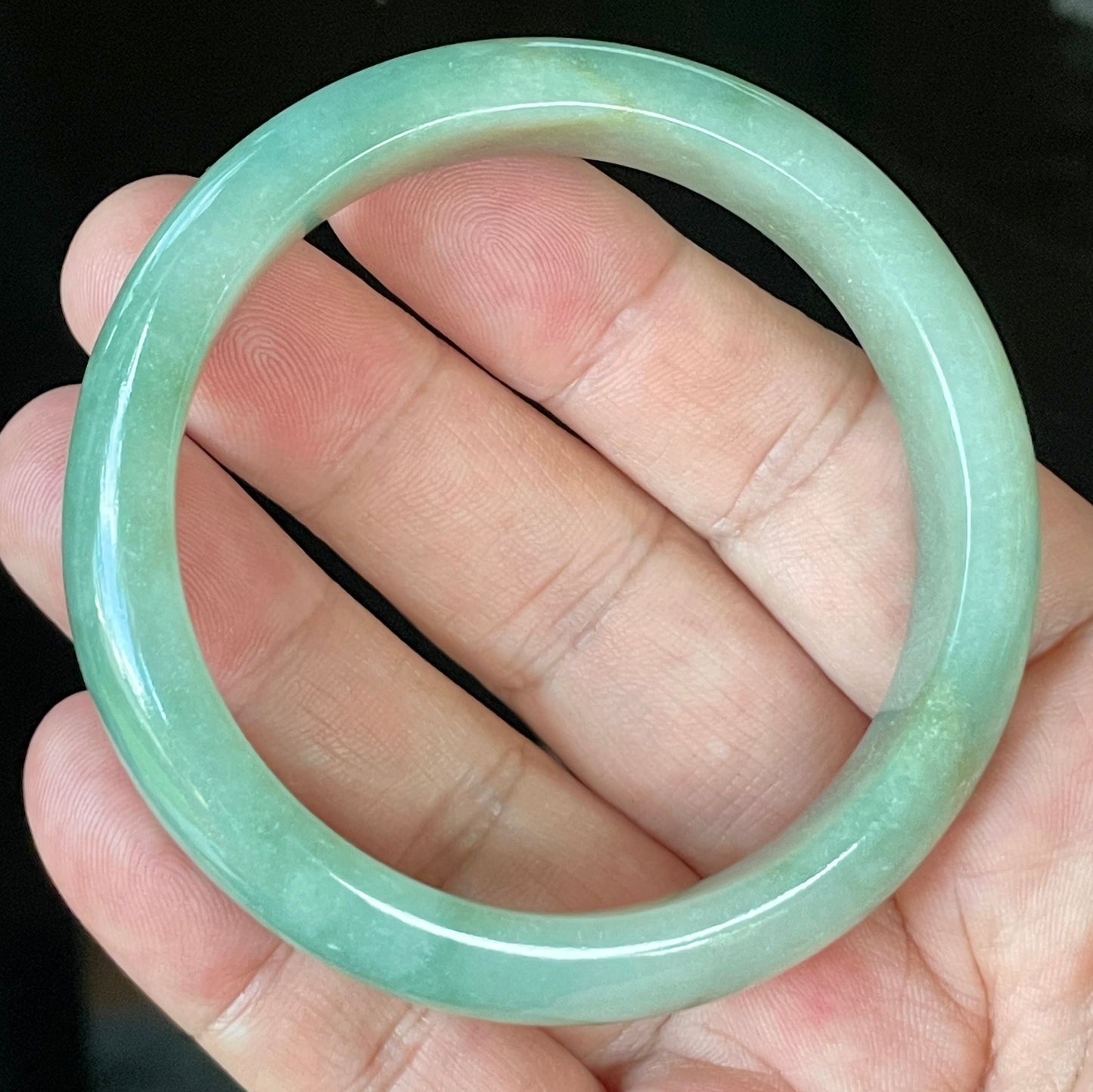 Natural Certified Burmese Jadeite Jade Bangle – Icy Apple Green with Milky White Hues & Honey Stone Lines – 58mm – JB917