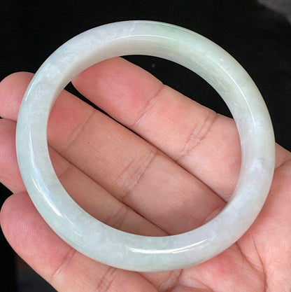 Natural Certified Burmese Jadeite Jade Bangle – Icy Greyish Milky White with Apple Green Hues – 58.5mm – JB910