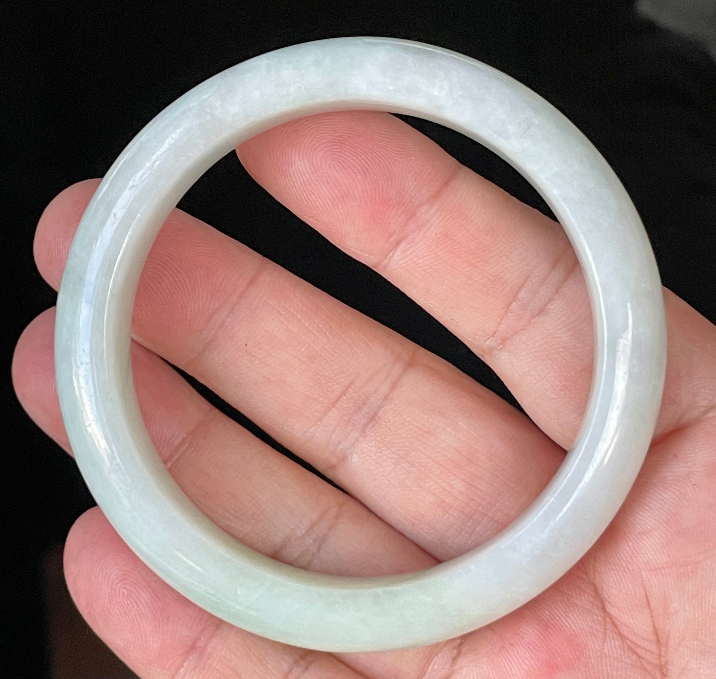 Natural Certified Burmese Jadeite Jade Bangle – Icy Greyish Milky White with Apple Green Hues – 58.5mm – JB910