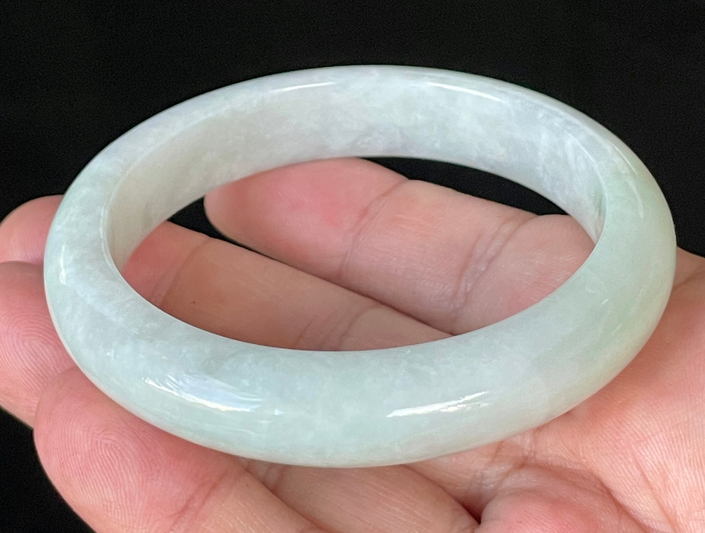 Natural Certified Burmese Jadeite Jade Bangle – Icy Greyish Milky White with Apple Green Hues – 58.5mm – JB910