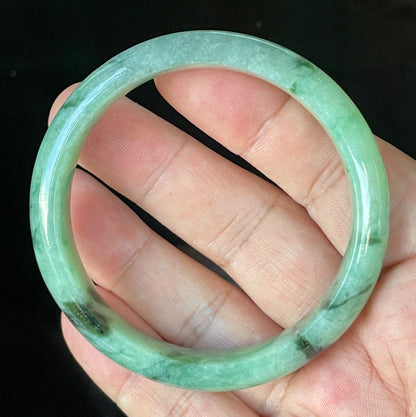 Natural Certified Burmese Jadeite Jade Bangle – Icy Apple & Imperial Green with Black & Greyish Milky White Hues – 57.5mm – JB911