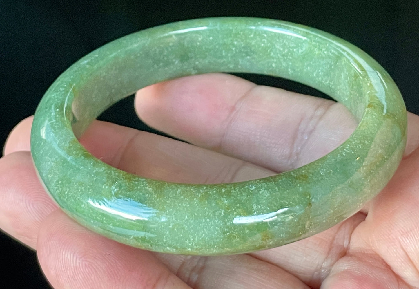 Natural Certified Burmese Jadeite Jade Bangle – Icy Apple Green with Milky White & Honey Hues – 57.6mm – JB916